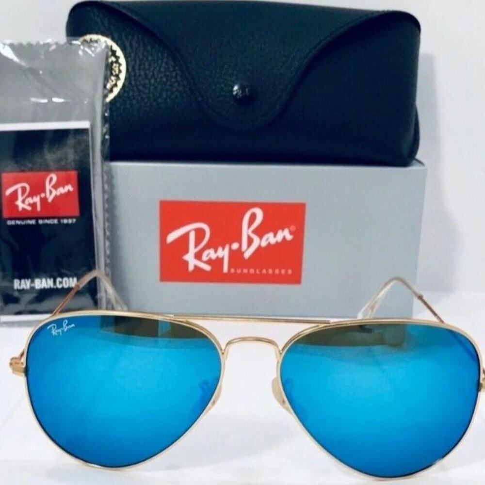 Ray-Ban Aviator RB3025 58mm Gold Frame Sky Blue Mirror Lens Sunglasses Italy